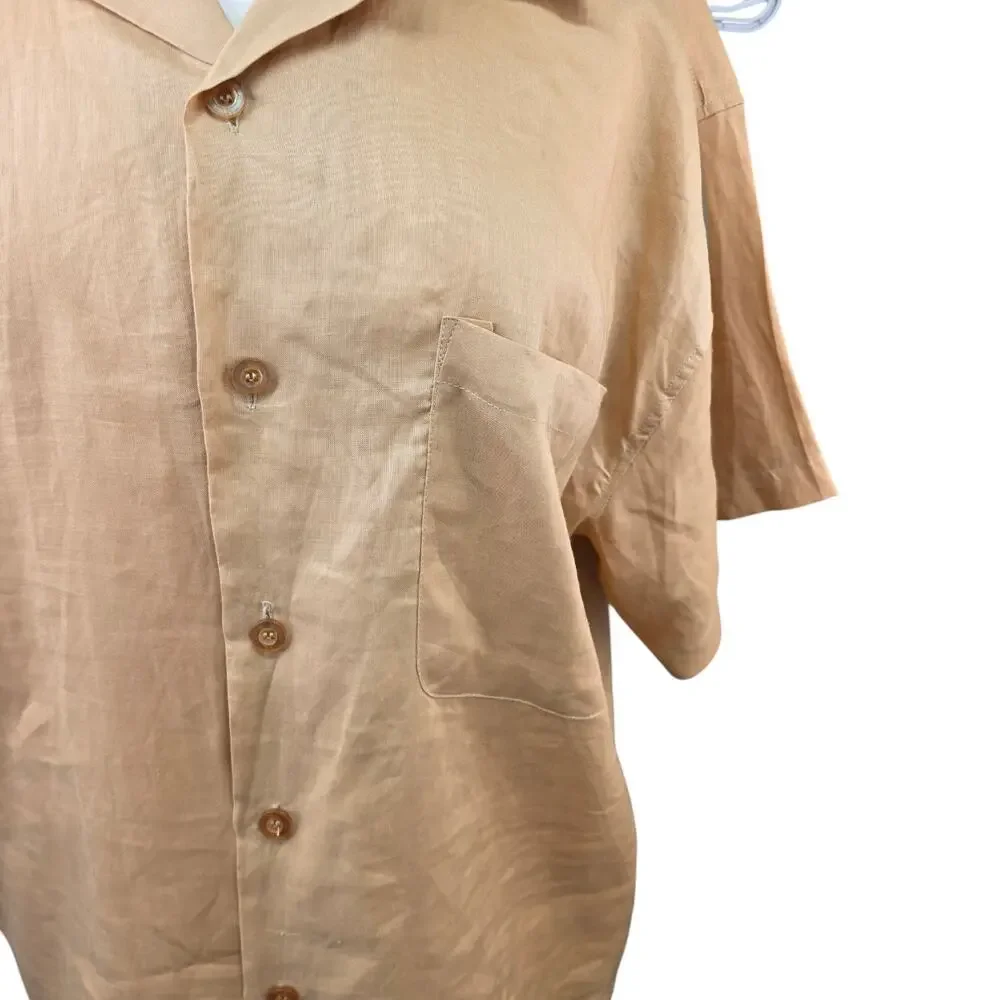 Daniel Ellissa Mens 2XL 100% Linen Camp Shirt Tan Button Up Short Sleeve Casual